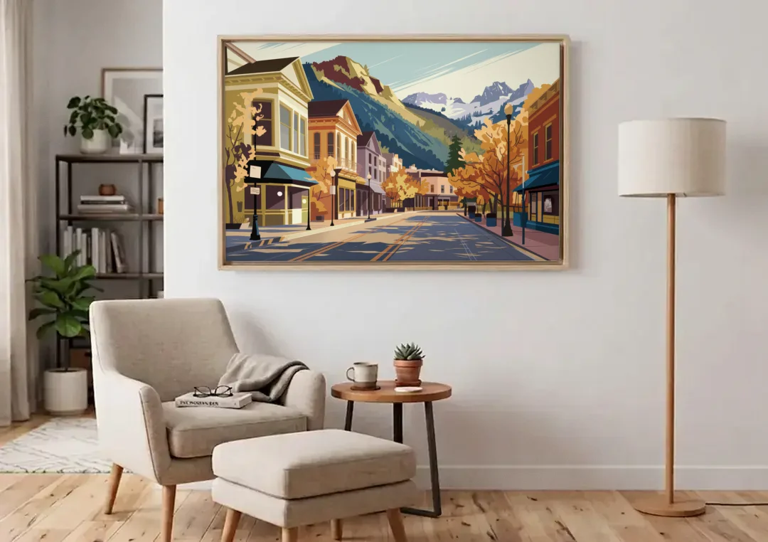 Telluride Historic Main Street canvas wall art above an armchair in a bright living room