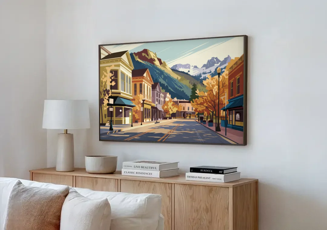 Telluride Historic Main Street canvas wall art above a wooden sideboard next to a sofa
