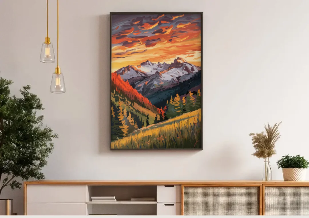 Telluride Mountain Sunset canvas wall art above a wooden sideboard under pendant lights