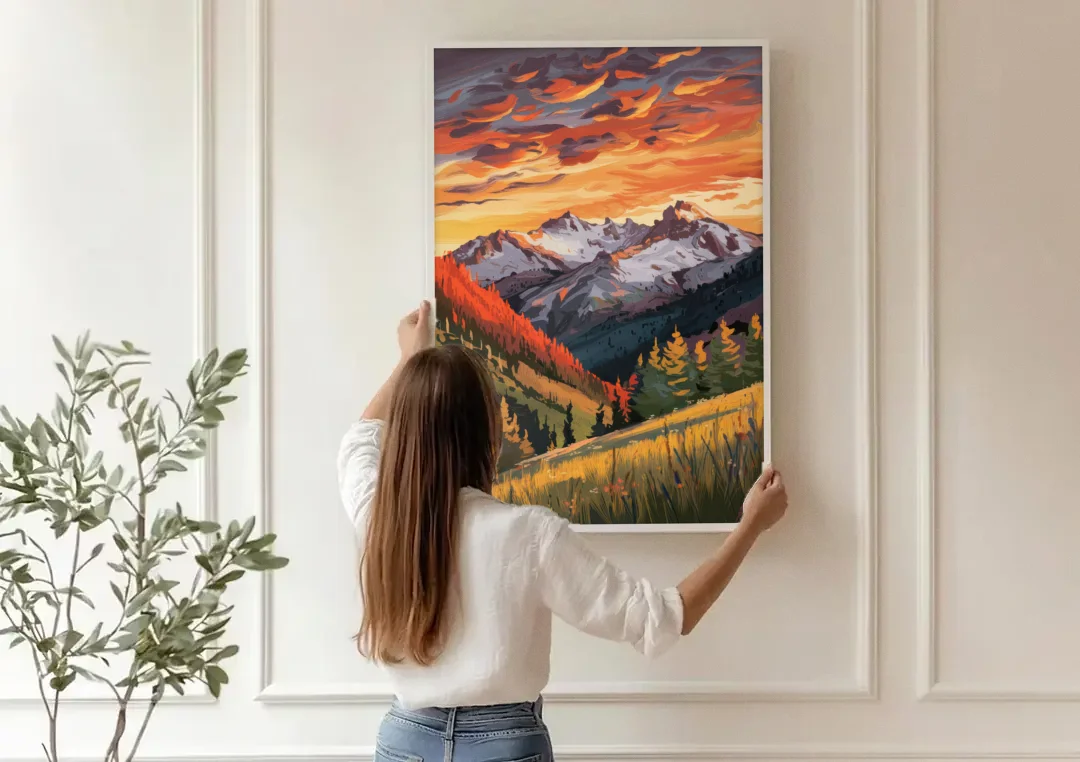 Telluride Mountain Sunset canvas wall art being hung on a paneled wall