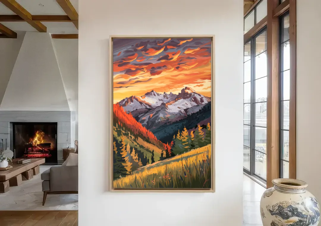 Telluride Mountain Sunset canvas wall art in a living room with a fireplace