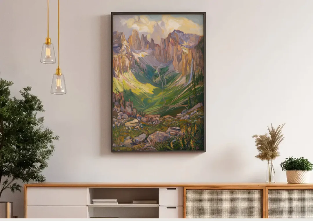 Telluride Rocky Mountain Peaks canvas wall art above a wooden sideboard under pendant lights