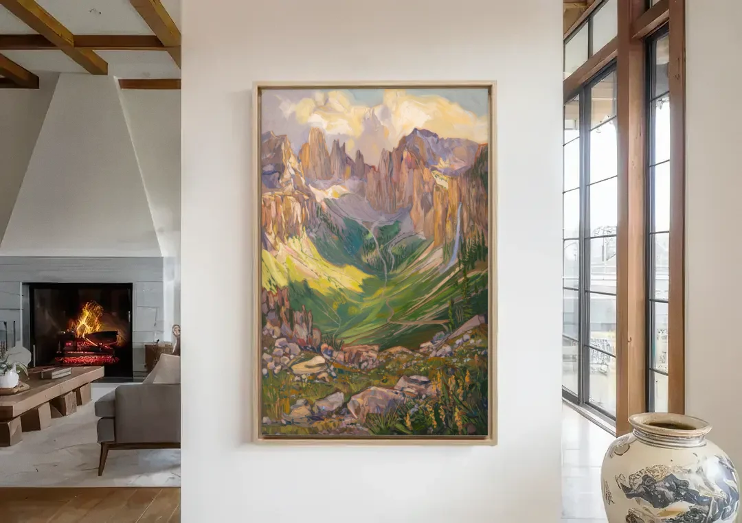 Telluride Rocky Mountain Peaks canvas wall art in a living room with a fireplace