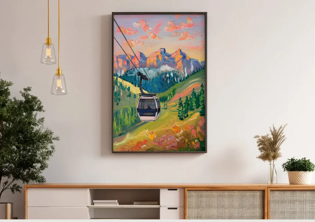 Telluride Scenic Gondola Ride canvas wall art above a wooden sideboard under pendant lights