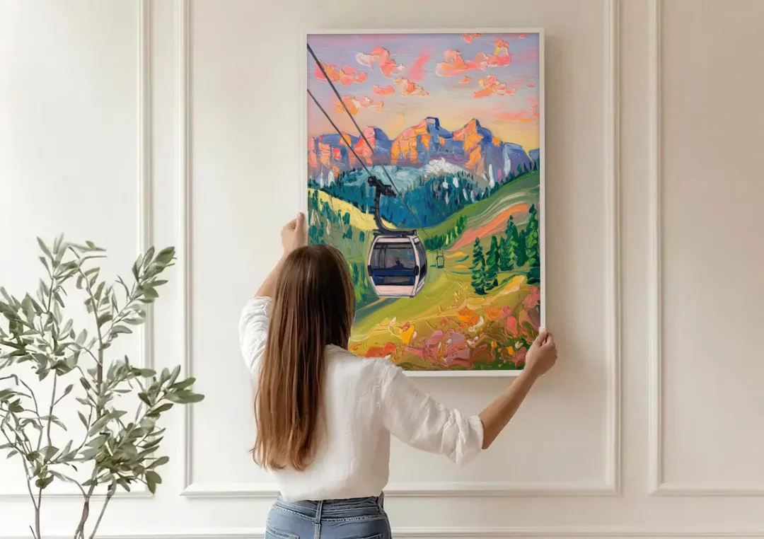Telluride Scenic Gondola Ride canvas wall art being hung on a paneled wall