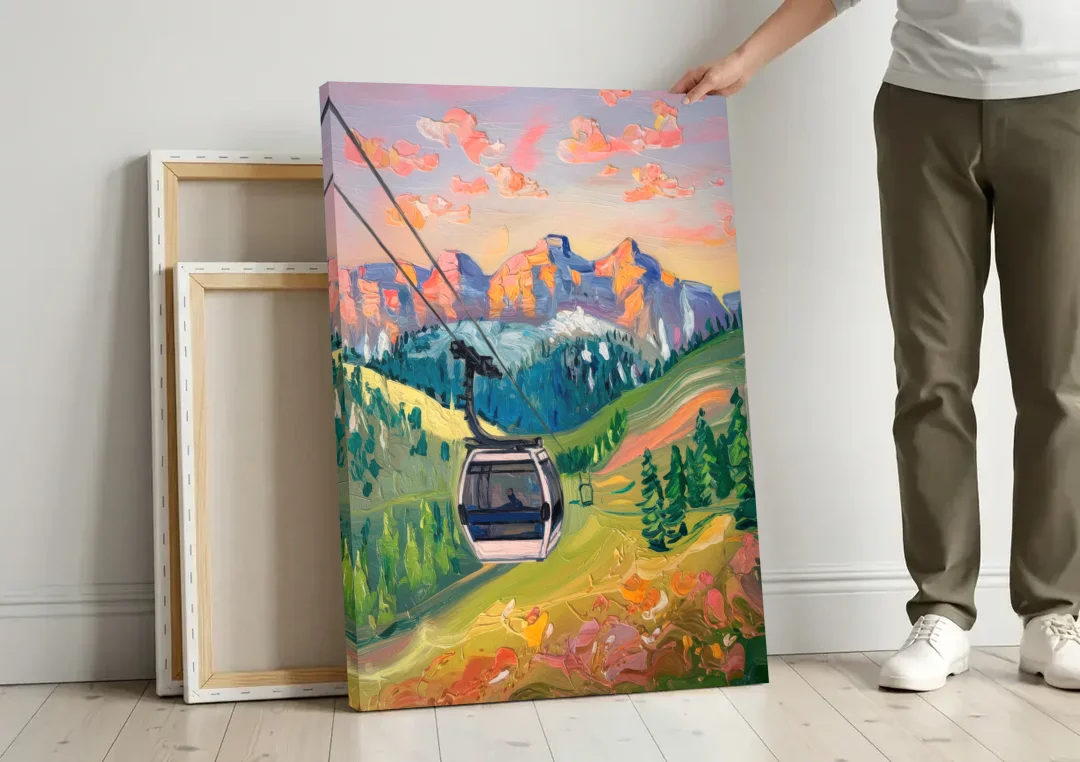 Telluride Scenic Gondola Ride canvas wall art leaning against a wall next to blank canvases