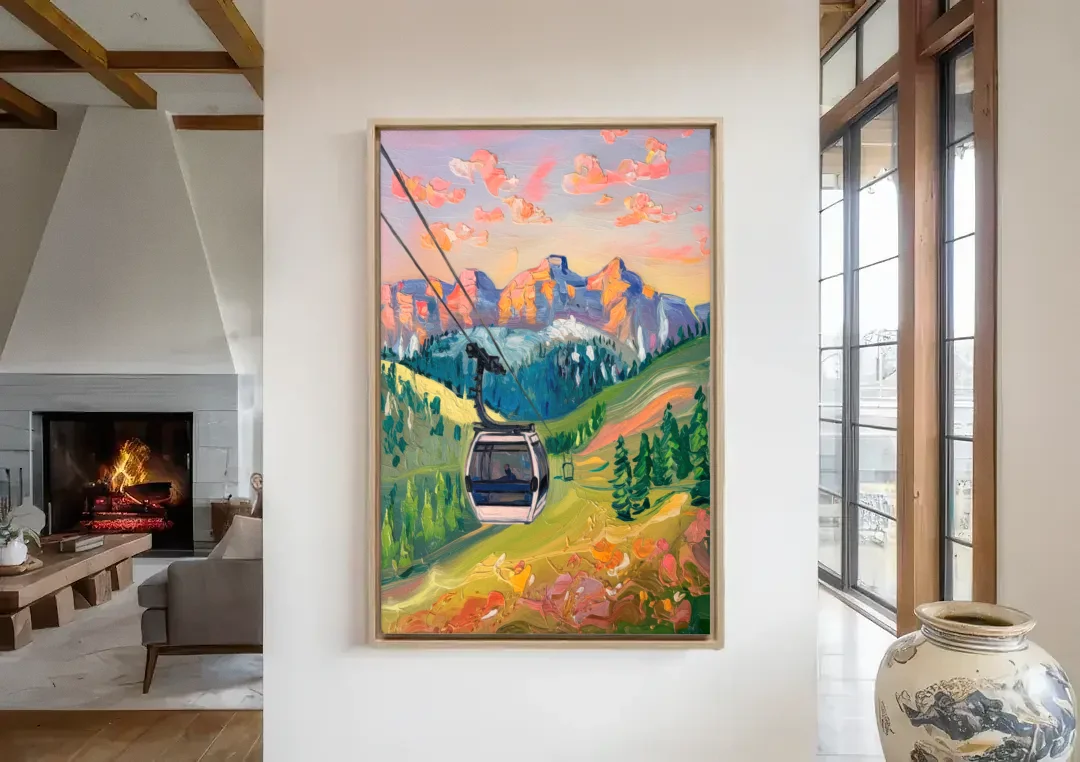 Telluride Scenic Gondola Ride canvas wall art in a living room with a fireplace