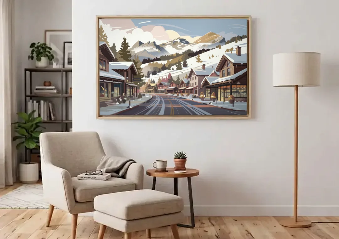 Telluride Ski Village View canvas wall art above an armchair in a bright living room