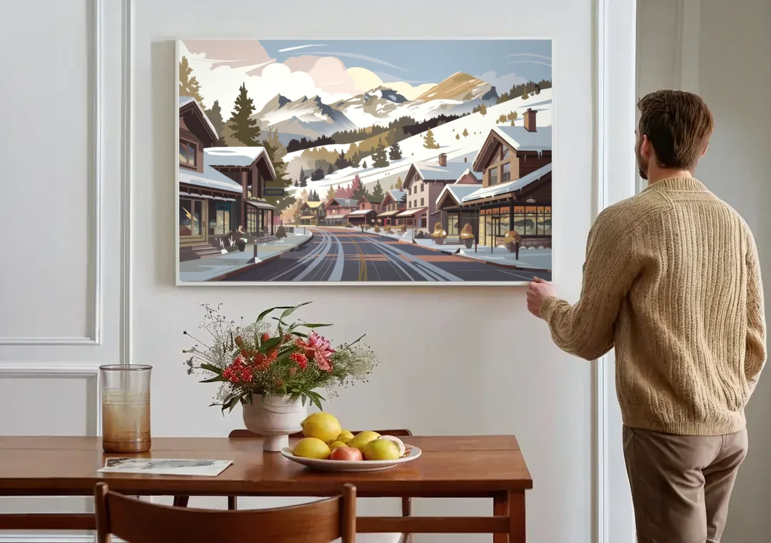 Telluride Ski Village View canvas wall art above a dining table