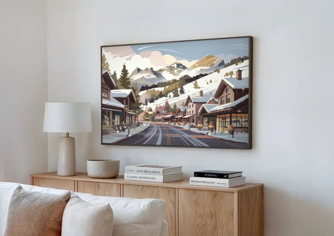 Telluride Ski Village View canvas wall art above a wooden sideboard next to a sofa