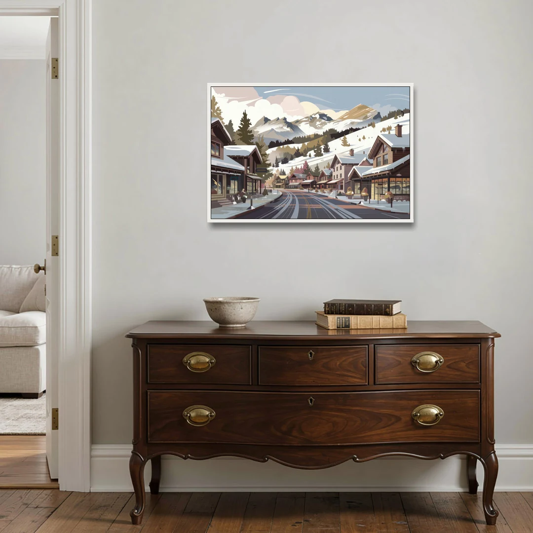 Telluride Ski Village View - White Framed Canvas Wall Art - Coffee Table - 36x24