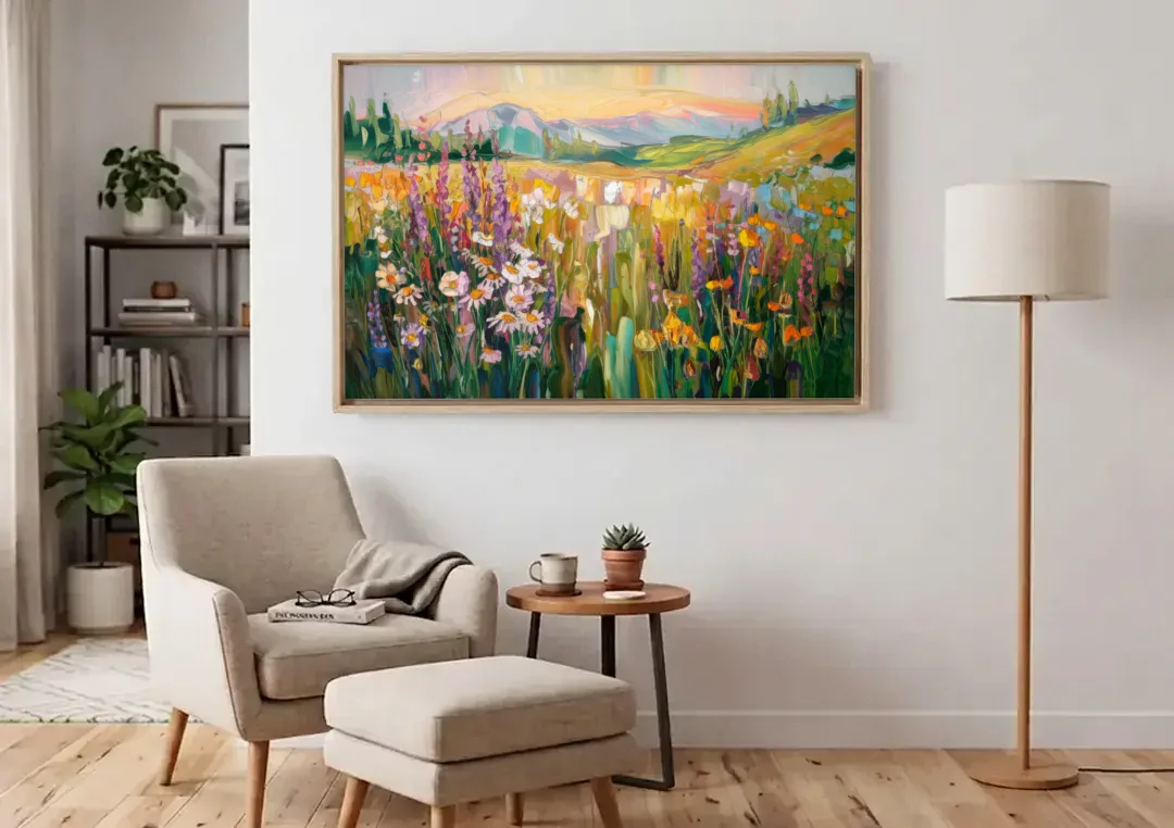 Telluride Summer Wildflowers canvas wall art above an armchair in a bright living room