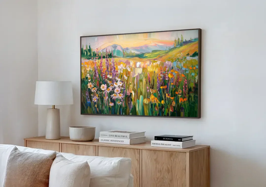 Telluride Summer Wildflowers canvas wall art above a wooden sideboard next to a sofa