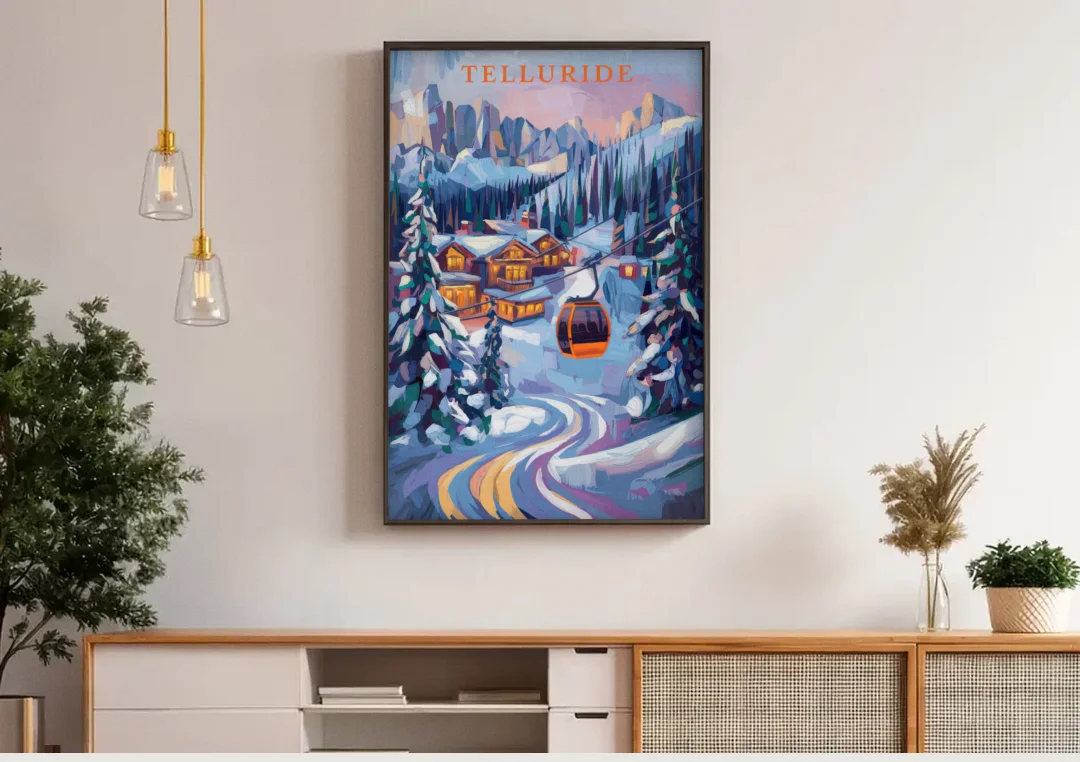 Telluride Winter Wonderland canvas wall art above a wooden sideboard under pendant lights