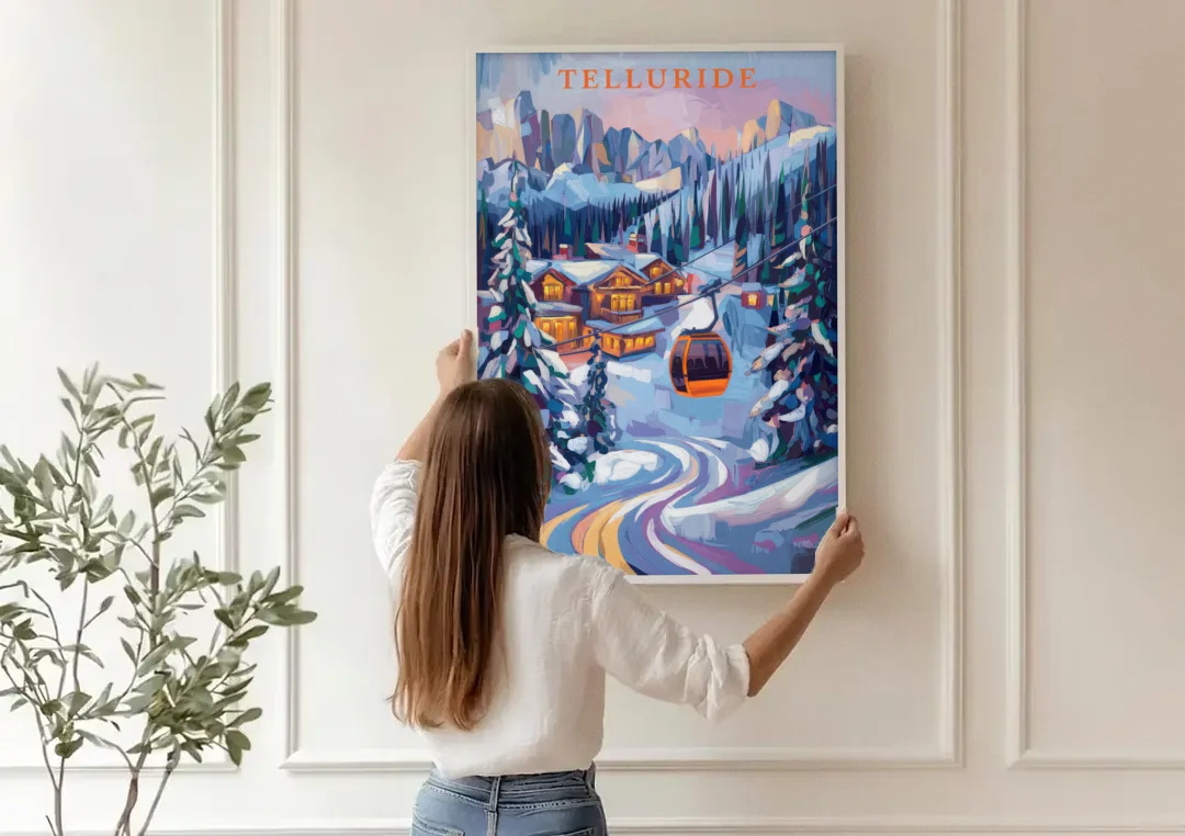 Telluride Winter Wonderland canvas wall art being hung on a paneled wall