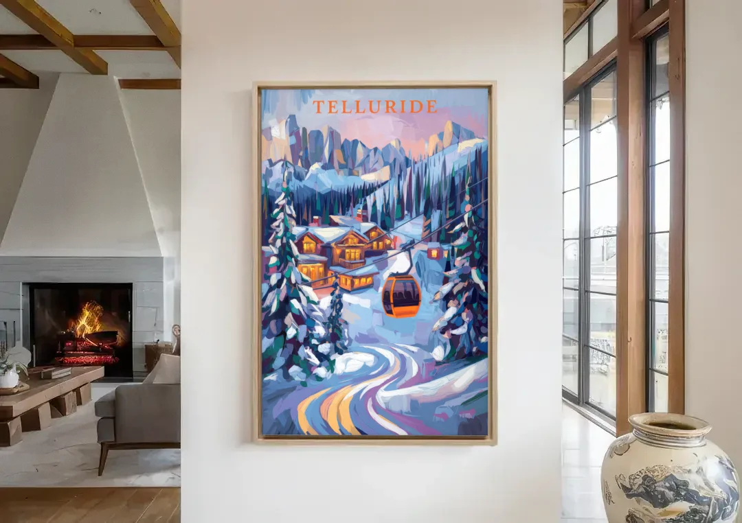 Telluride Winter Wonderland canvas wall art in a living room with a fireplace