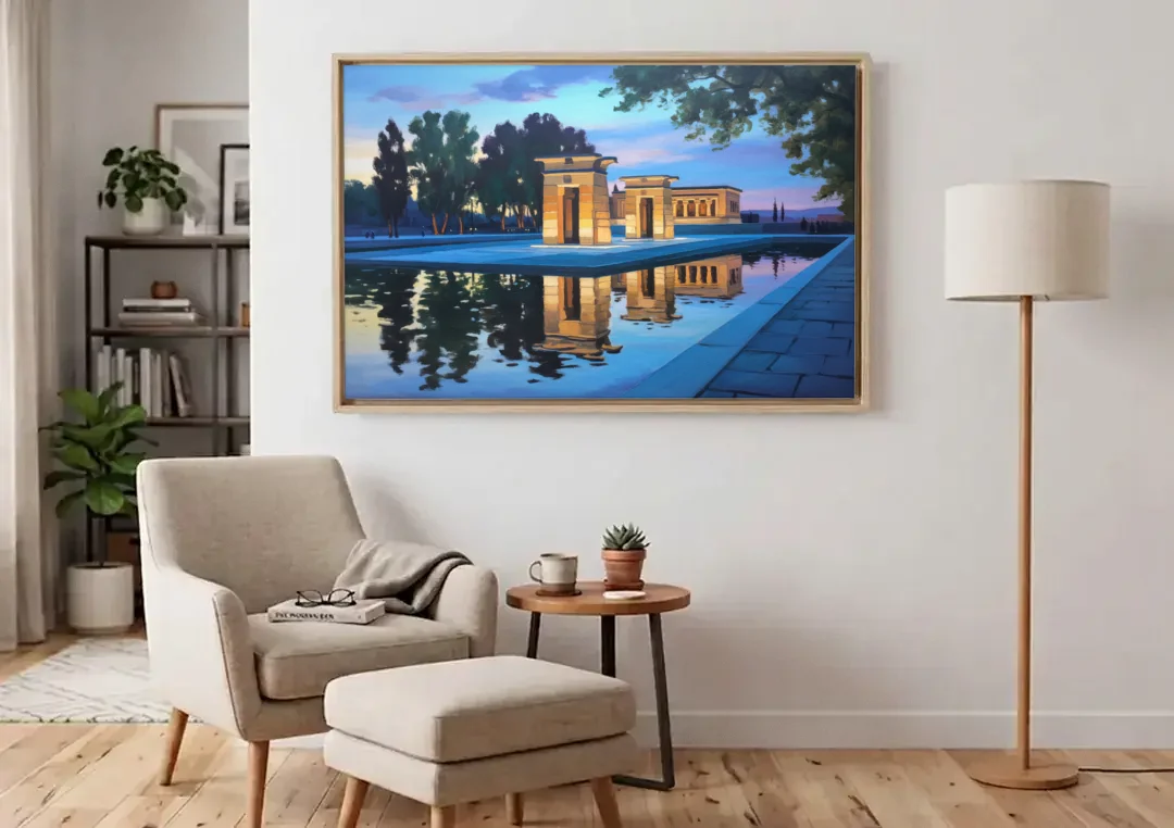 Temple of Debod Twilight canvas wall art above an armchair in a bright living room