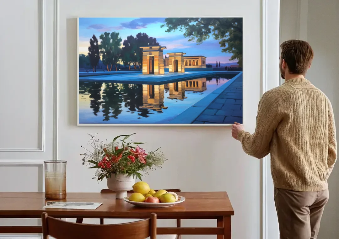 Temple of Debod Twilight canvas wall art above a dining table