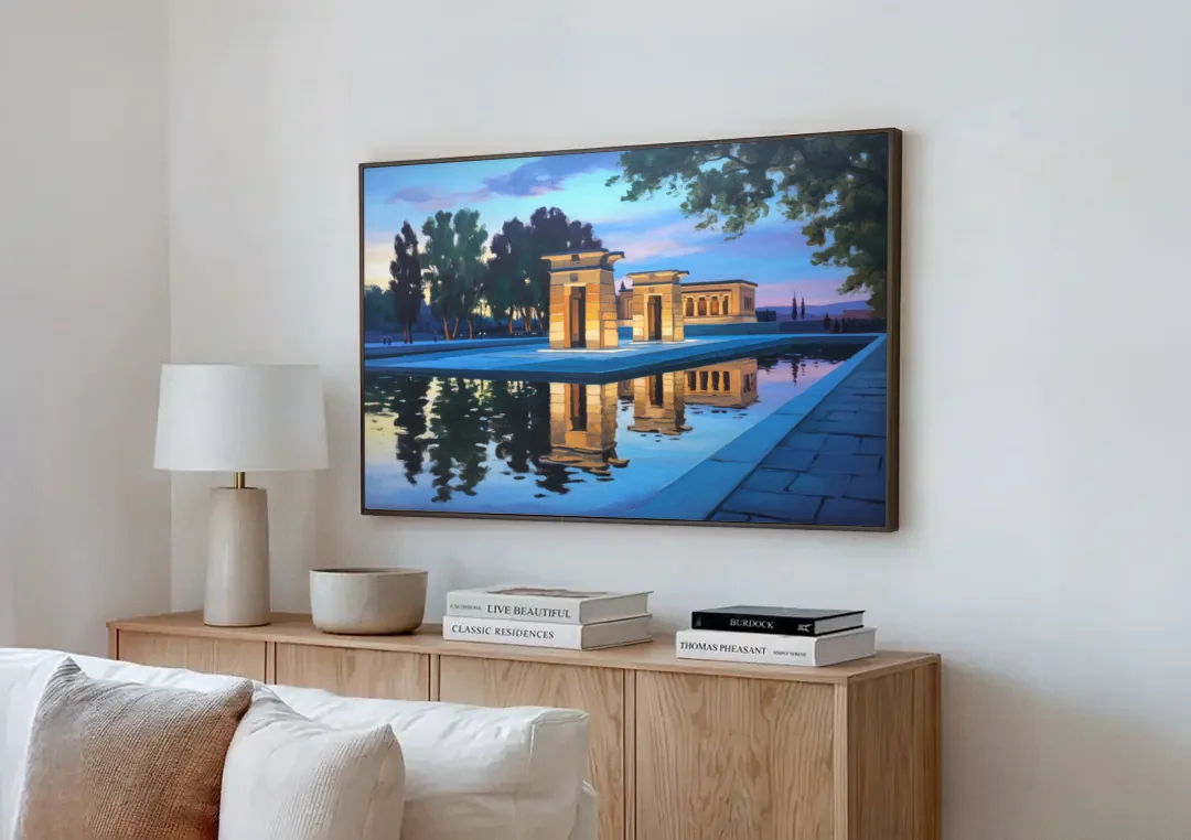 Temple of Debod Twilight canvas wall art above a wooden sideboard next to a sofa
