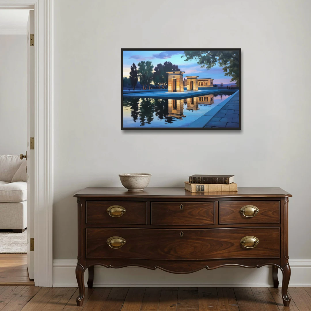 Temple of Debod Twilight - Black Framed Canvas Wall Art - Coffee Table - 36x24