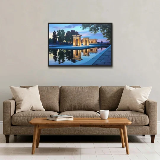 Temple of Debod Twilight - Black Framed Canvas Wall Art - Sofa - 36x24