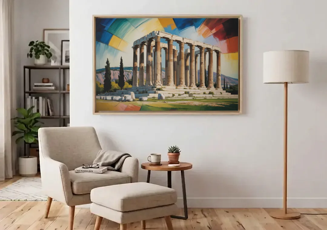 Temple of Olympian Zeus canvas wall art above an armchair in a bright living room