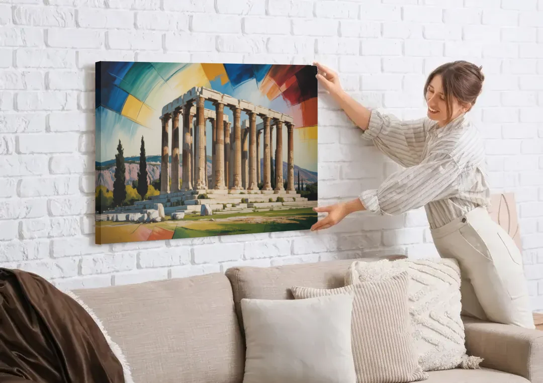 Temple of Olympian Zeus canvas wall art being hung on a white brick wall above a sofa