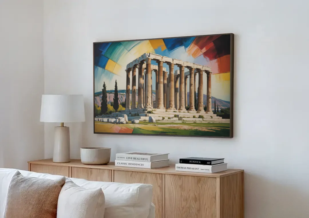 Temple of Olympian Zeus canvas wall art above a wooden sideboard next to a sofa