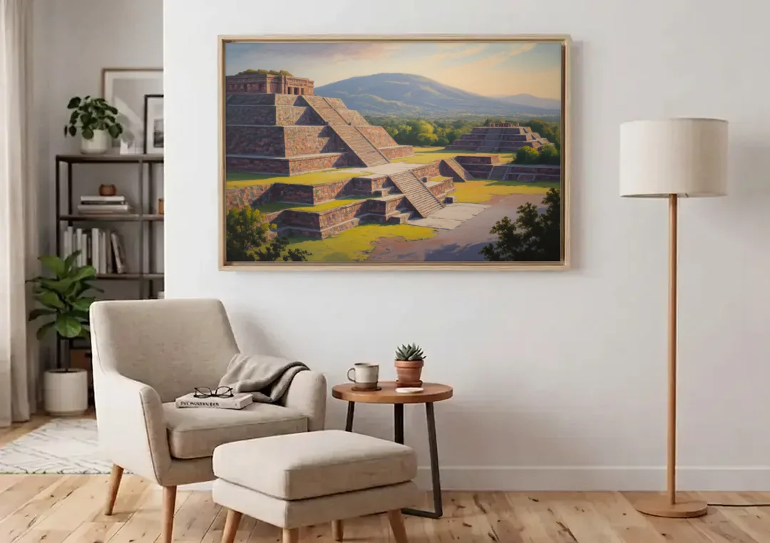 Temple of Quetzalcoatl canvas wall art above an armchair in a bright living room