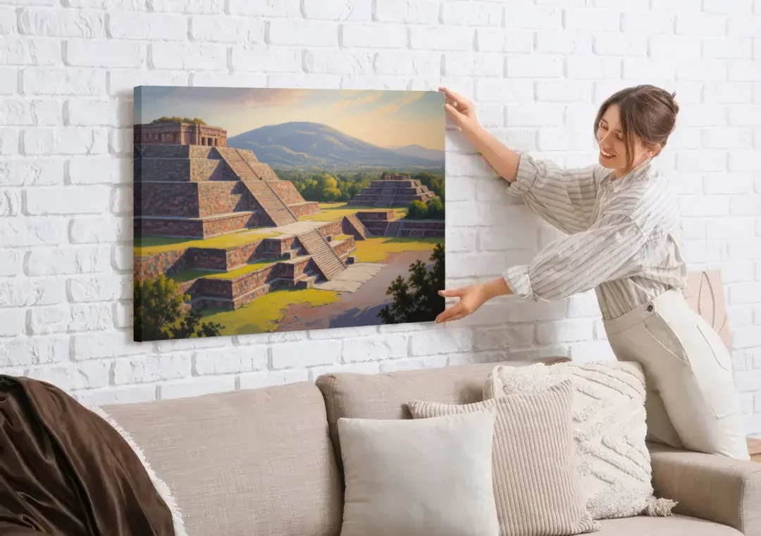 Temple of Quetzalcoatl canvas wall art being hung on a white brick wall above a sofa