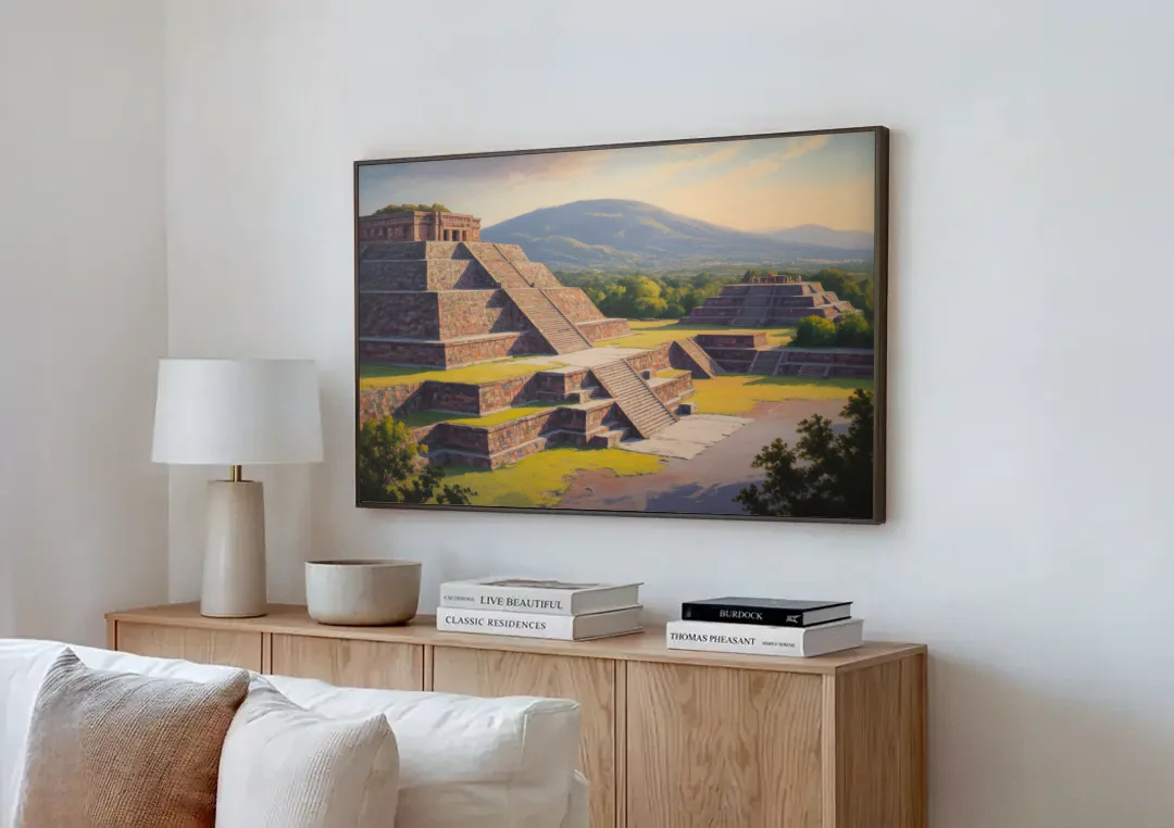 Temple of Quetzalcoatl canvas wall art above a wooden sideboard next to a sofa