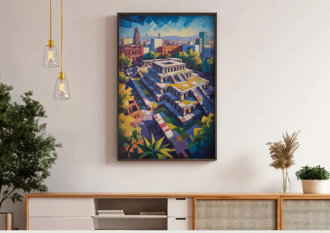 Templo Mayor Ruins canvas wall art above a wooden sideboard under pendant lights