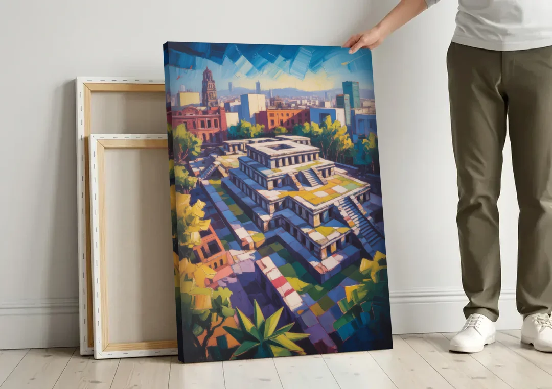 Templo Mayor Ruins canvas wall art leaning against a wall next to blank canvases