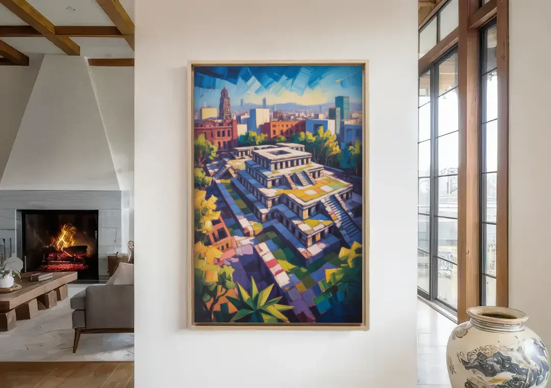 Templo Mayor Ruins canvas wall art in a living room with a fireplace