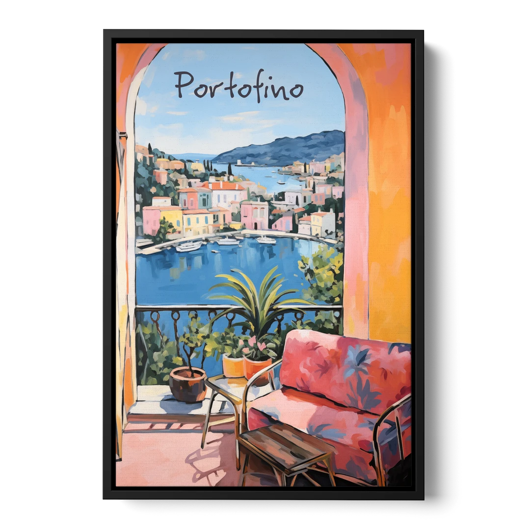 Terrace Painting Over Portofino Harbor - Black Framed Canvas Wall Art - Front