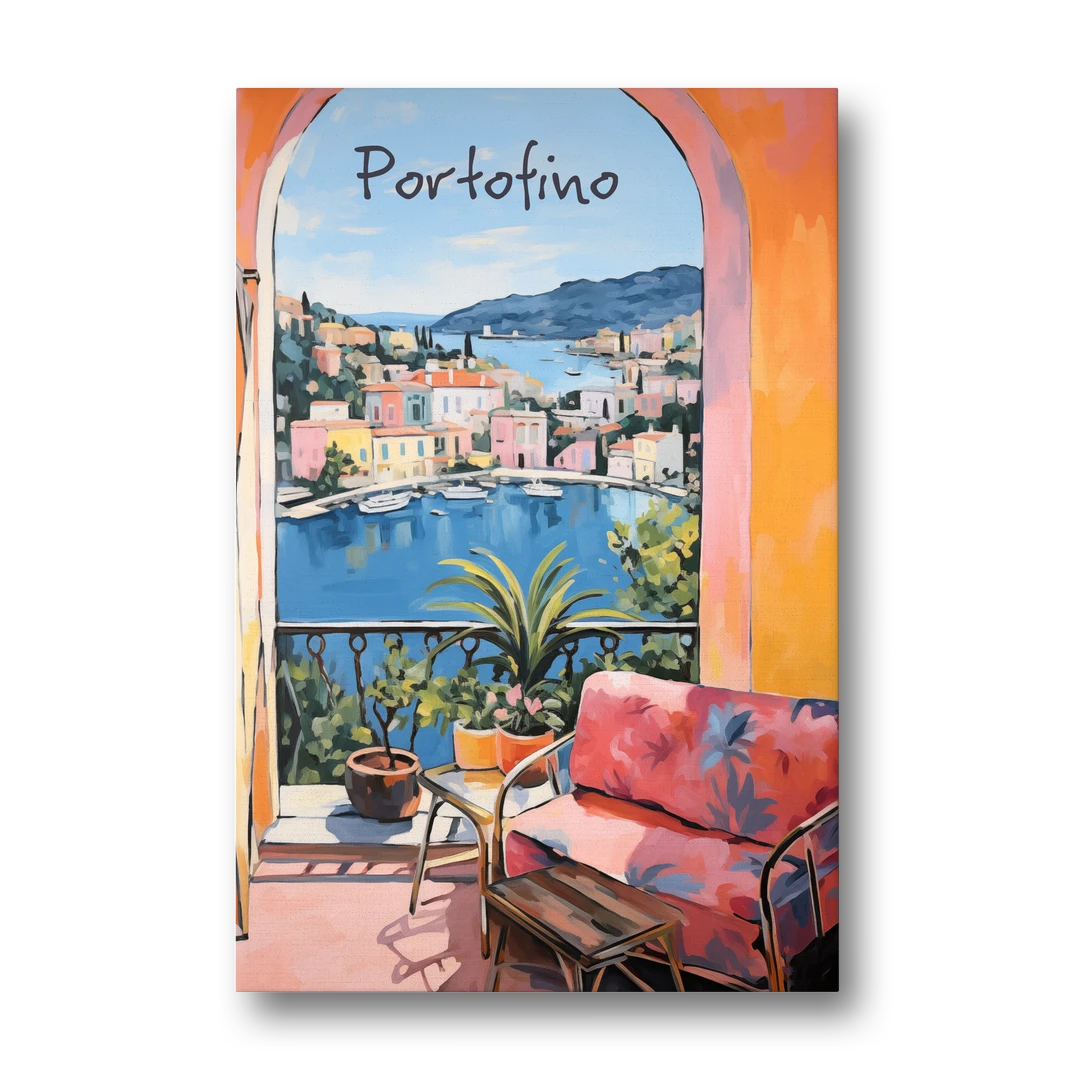 Terrace Painting Over Portofino Harbor - Canvas Wall Art - Front
