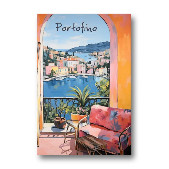 Terrace Painting Over Portofino Harbor - Canvas Wall Art - Front