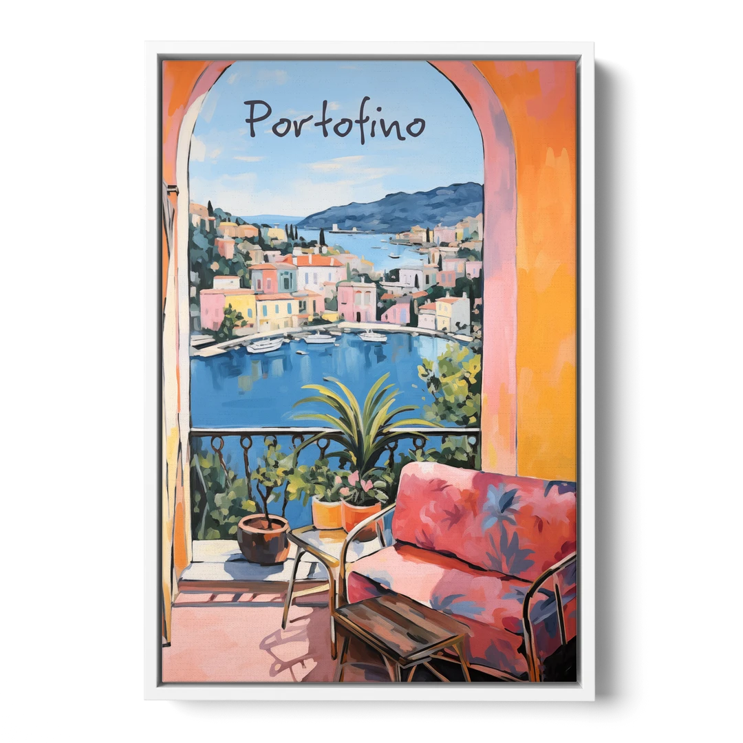 Terrace Painting Over Portofino Harbor - White Framed Canvas Wall Art - Front