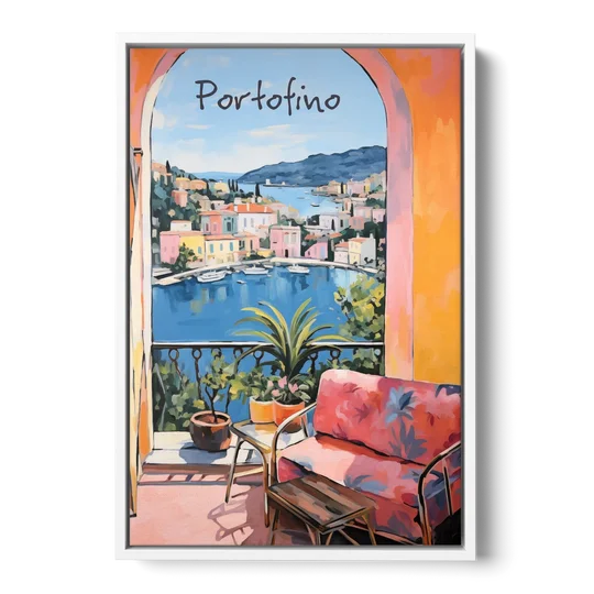 Terrace Painting Over Portofino Harbor - White Framed Canvas Wall Art - Front