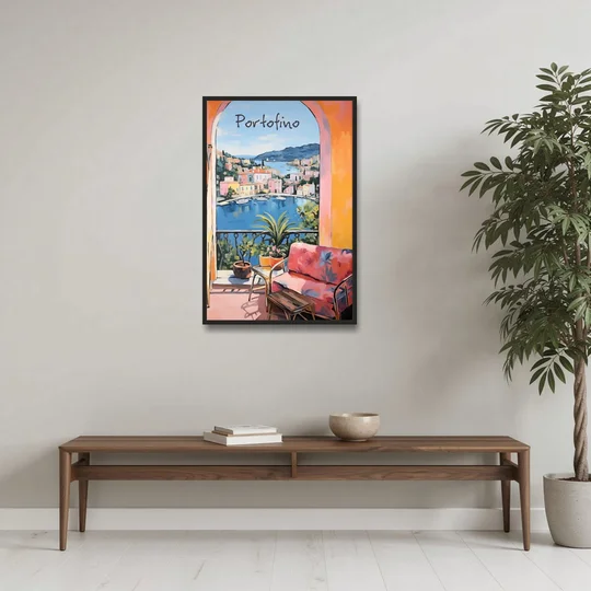 Terrace Painting Over Portofino Harbor - Black Framed Canvas Wall Art - Coffee Table - 24x36