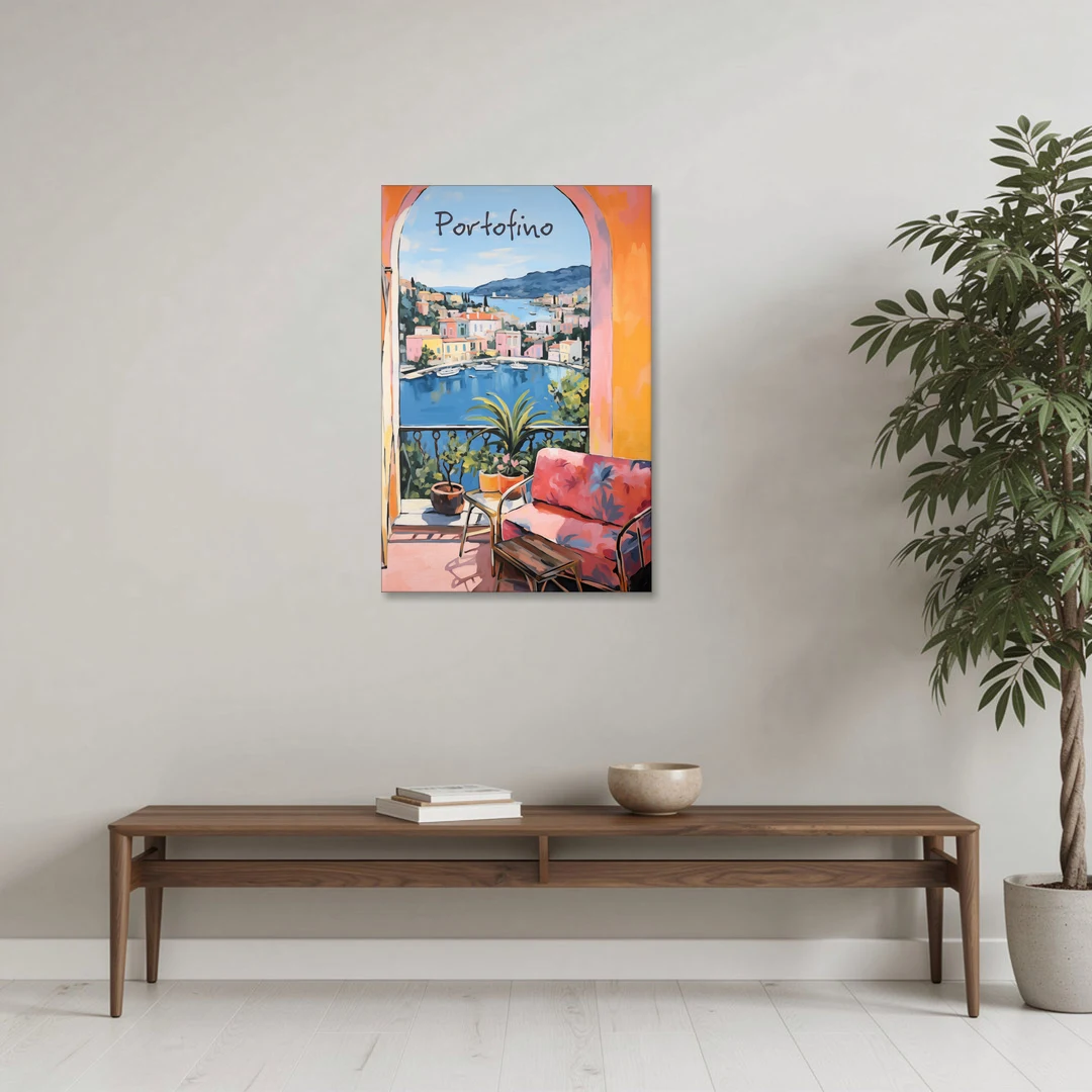 Terrace Painting Over Portofino Harbor - Canvas Wall Art - Coffee Table - 24x36