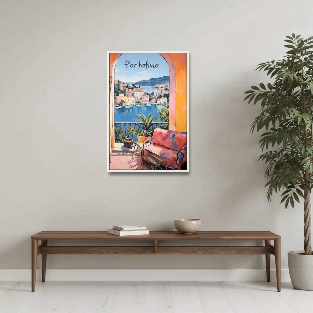 Terrace Painting Over Portofino Harbor - White Framed Canvas Wall Art - Coffee Table - 24x36