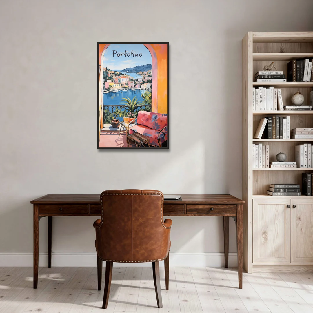 Terrace Painting Over Portofino Harbor - Black Framed Canvas Wall Art - Office - 24x36