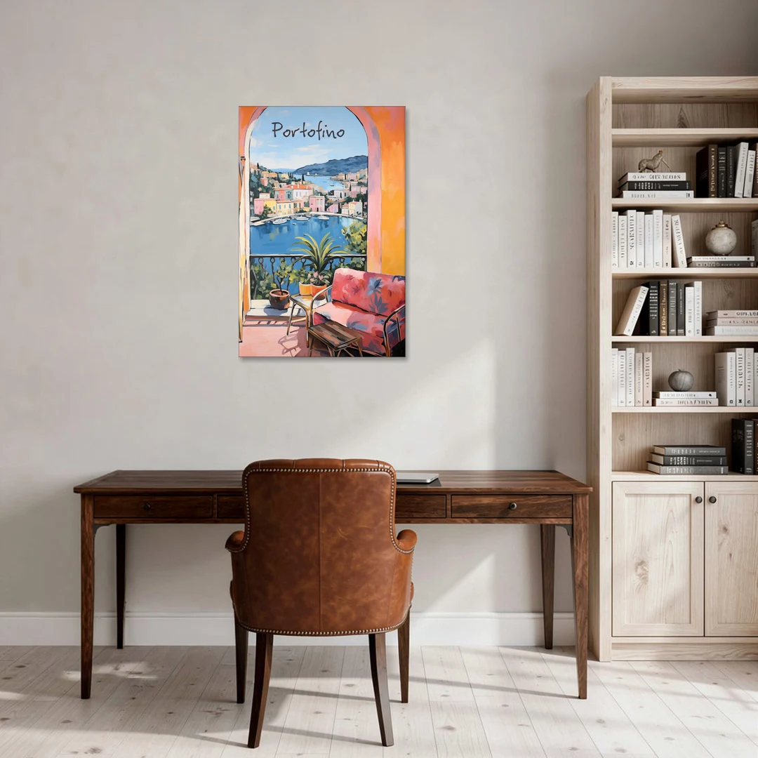 Terrace Painting Over Portofino Harbor - Canvas Wall Art - Office - 24x36