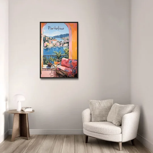 Terrace Painting Over Portofino Harbor - Black Framed Canvas Wall Art - Sofa - 24x36
