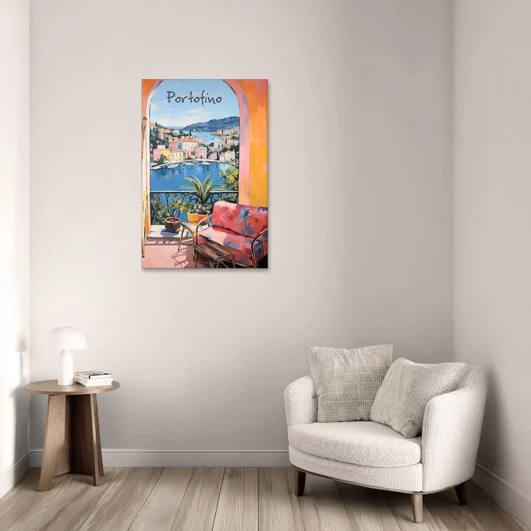 Terrace Painting Over Portofino Harbor - Canvas Wall Art - Sofa - 24x36