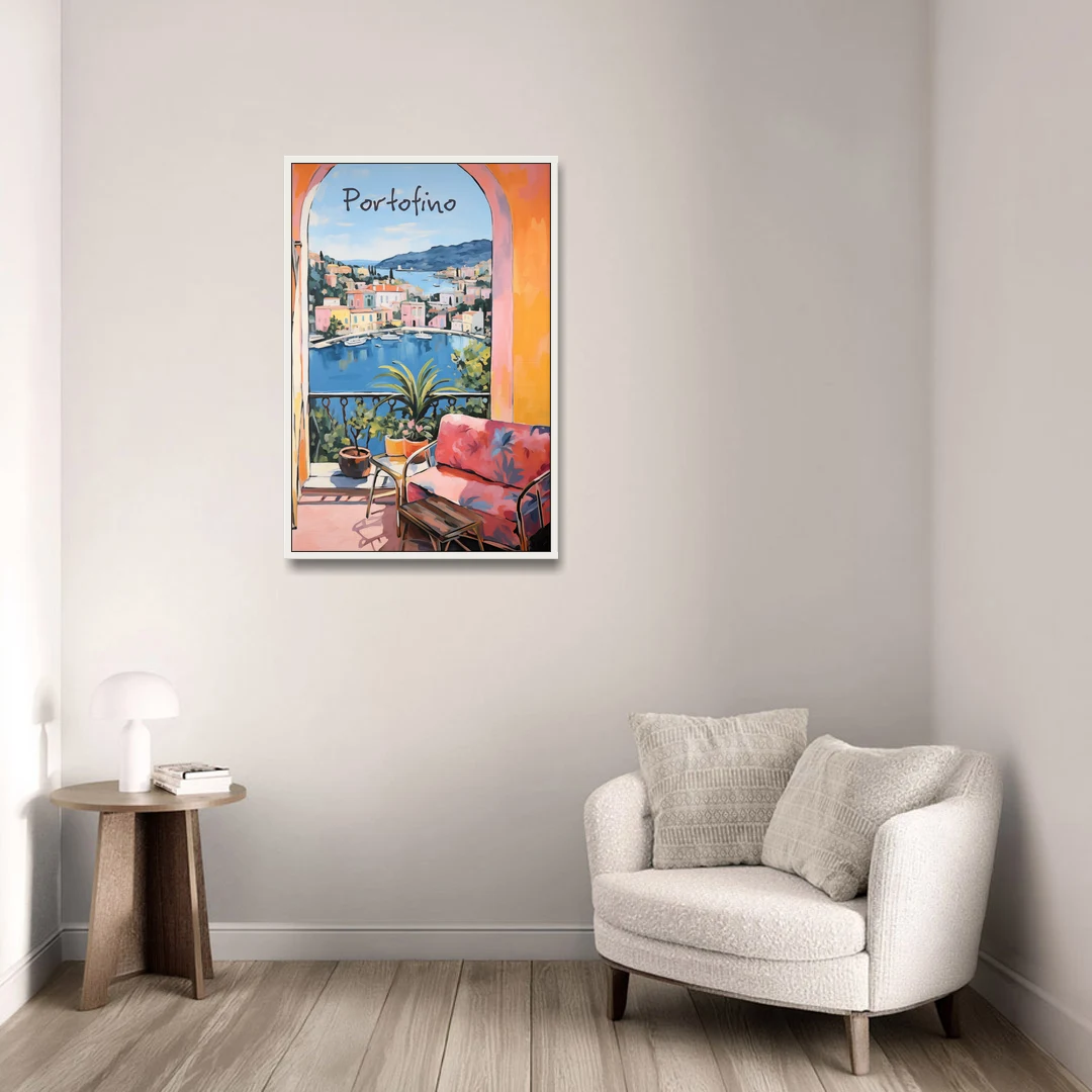 Terrace Painting Over Portofino Harbor - White Framed Canvas Wall Art - Sofa - 24x36