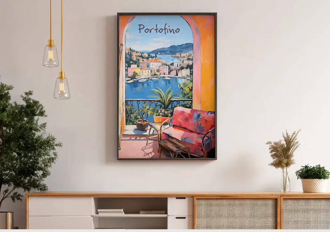 Terrace Painting Over Portofino Harbor canvas wall art above a wooden sideboard under pendant lights