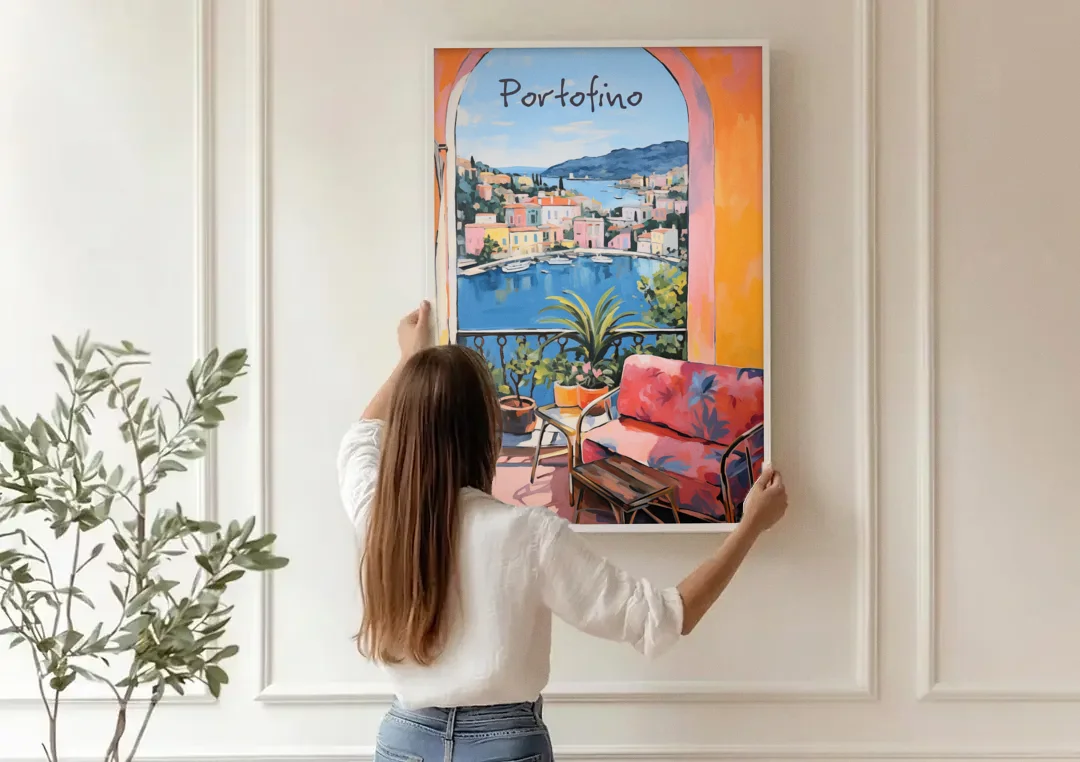 Terrace Painting Over Portofino Harbor canvas wall art being hung on a paneled wall