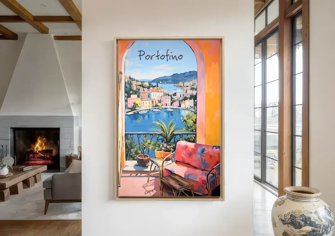 Terrace Painting Over Portofino Harbor canvas wall art in a living room with a fireplace